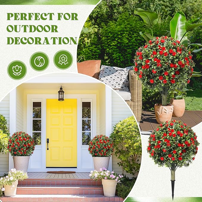 24" Artificial Topiary Ball Tree with Flower Set of 2,Outdoor Fake Topiary with Ground Spike,UV Resistant Faux Artificial Plant Bushes for Indoor Outdoor Front Porch Garden Decor(Dark Red)