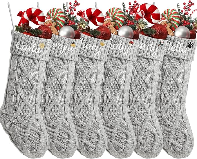 Personalized Christmas Stockings,Custom Embroidered Name+Logo Xmas Knitted Stockings 18'',Holiday and Family Stocking for Fireplace Christmas Holiday Party Decoration 1-6Pack（Grey）
