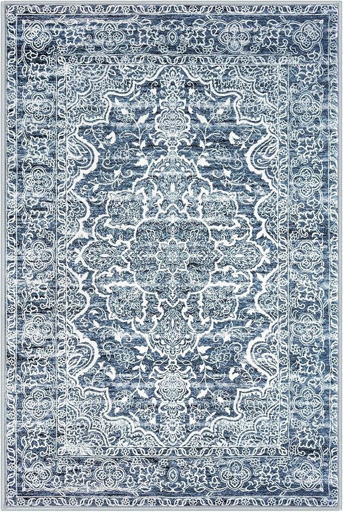 KUTA 3x5 Entryway Rug Non-Slip Washable Area Rugs, Vintage Floral Kitchen Rugs Blue White, Ultra Soft Printed Medallion Tribal Entry Low-Pile Carpet for Entrance Bedroom Nursery Dorm Décor