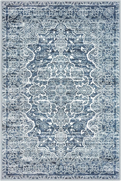 KUTA Vintage 8x10 Area Rugs for Living Room, Washable Large Rug for Bedroom 8ft x 10ft Non-Slip, Blue White Ultra Soft Printed Traditional Floral Medallion Distressed Dining Room Low-Pile Carpet