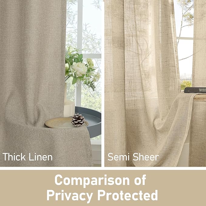 LAMIT Taupe Linen Curtains for Bedroom, 90 inches Grommet Thermal Insulated Thick Burlap Farmhouse Curtains Noise Reducing Window Treatment Drapes for Living Room, Set of 2 Panels, W52 x L90