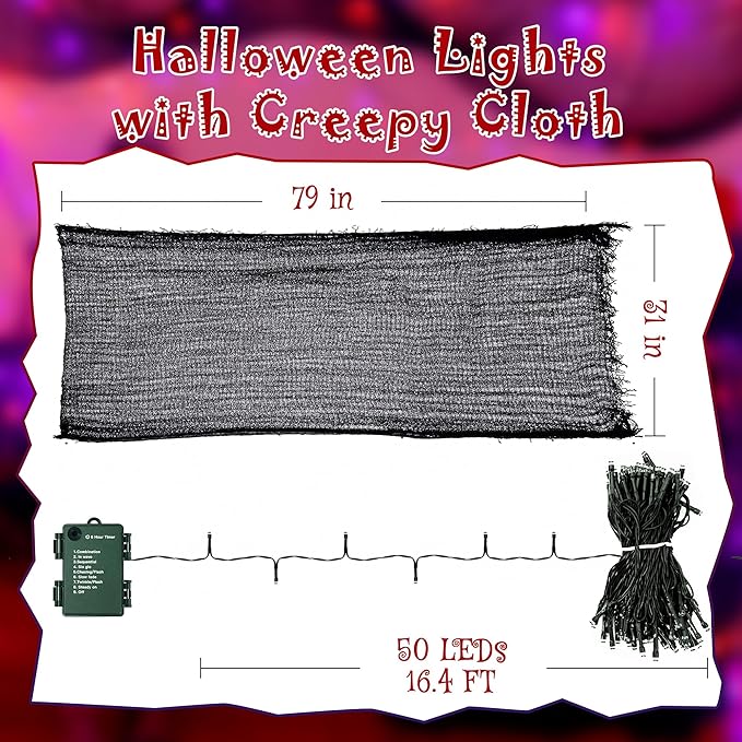 Ollny Halloween Lights with Creepy Cloth, 50LED 16FT Waterproof Orange and Purple String Lights with 8 Lighting Modes Timer, Battery Operated Fairy Lights for Indoor Party Yard Decor