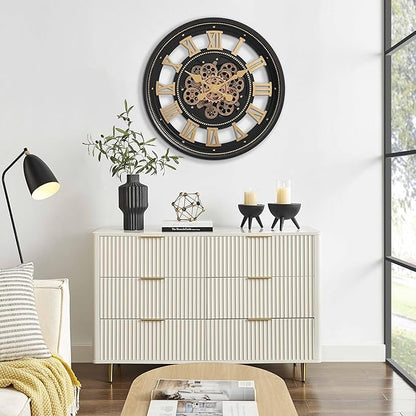 CLXEAST 24 Inch Wall Clock with Moving Gears, Large Roman Numeral Gear Clock for Living Room Decor,Modern Black& Gold Finish,House Warming Gifts New Home