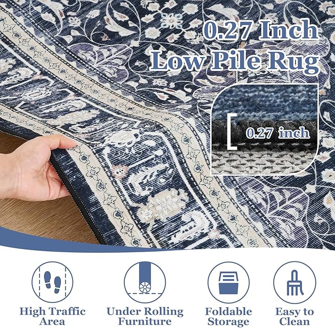 Living Room Rugs 6x8, Transitional Moroccan Floral Trellis Area Rugs for Bedroom Dining Room, Washable Non Slip Low Pile Thin Carpet Rug for Playroom Guest Room Home Office, Dark Blue