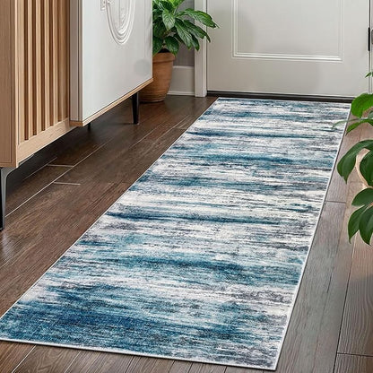 KOZYFLY Modern Abstract Hallway Runner Rug, 2x5 Washable Rug Runner Non-Slip Soft Striped Kitchen Runner Rugs, Print Blue Carpet Runner for Entryway Bathroom Laundry Room Foyer