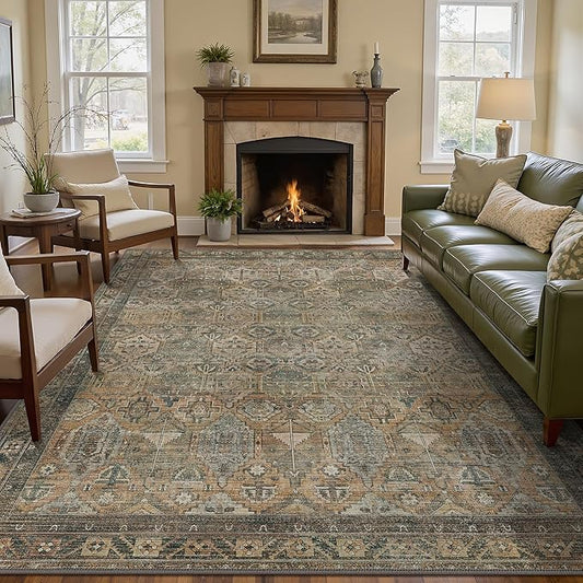 GENIMO 6x9 Area Rugs for Living Room, Machine Washable Non Slip Vintage Rugs, Low Pile Lightweight Chenille Print Rug for Bedroom, Dining Room, Home Office, Warm Taupe