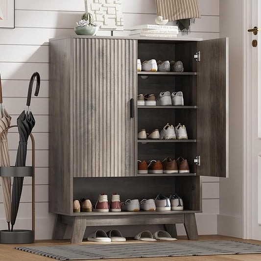 Shoe Cabinet Storage for Entryway with Doors, 5 Tier Fluted Shoe Organizer with Adjustable Shelves, Entryway Shoe Storage with Wooden Legs, Freestanding Hidden Shoe Rack for Front Door Entrance, Grey