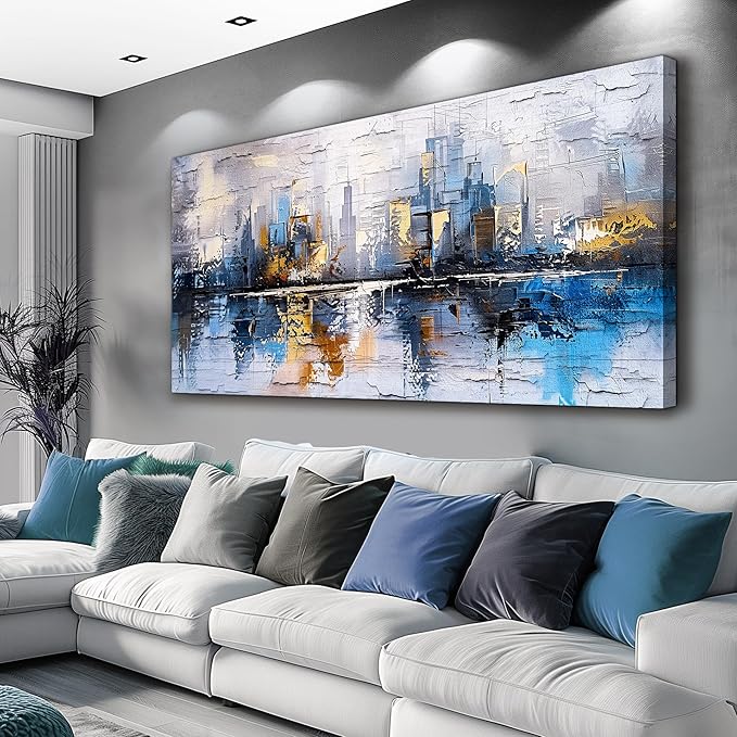 KELIYUAN Abstract City Oil Painting Large Home Decor Mural Living Room Bedroom Modern Printed Canvas Wall Art Yellow Blue Graffiti Mural Office Corridor Can Be Directly Hung Wall Decor 24 X 48 In
