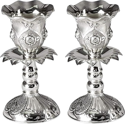 Ner Mitzvah Silver Plated Candlesticks, Pair of 4 Inch Ornate Candle Holders with Round Base and Floral Design (Pack of 2)