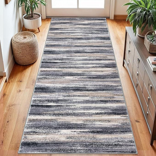 Modern Abstract Runner Rug 2.6x8, Grey Black Multi Washable Kitchen Runner Non-Slip Soft Hallway Rug Runner Thin Print Faux Wool Carpet for Entryway Bedroom Laundry Room Indoor Home Decor