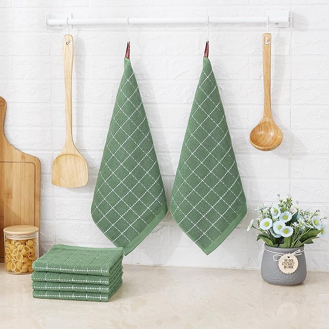 Homaxy 100% Cotton Terry Kitchen Dish Cloths, Ultra Soft and Absorbent Dish Towels for Kitchen, Suitable for Drying and Washing Dishes, 24 Pack, 12 x 12 Inches, Grass Green