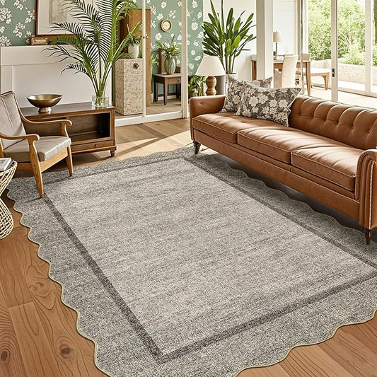 GarveeHome Scalloped Washable Rugs for Entryway 3x5 Rug Super Soft Entry Rug Non-Slip, Printed Faux Wool Floral 3x5 Area Rug Thin Floor Carpet for Kitchen, Bedroom, Office, Living Room, Brown