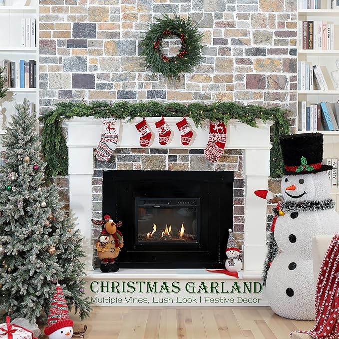 6 Feet Pre-Lit Artificial Christmas Garland with Lights -Real Touch Cedar Garland -Battery Operated -Christmas Decorations -Garland for Table, Fireplace, Mantle,Wall, Indoor Outdoor -Home Decor