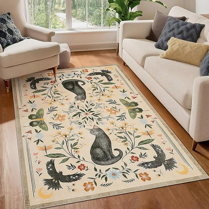 GarveeHome 3x5 Cat Washable Area Rug for Entryway, Mushroom Floral Beige Bedroom Rug Non Slip Low Pile Butterfly Carpet Stain Resistant Throw Rug for Kitchen Dorm Kids Room Office Dining Room