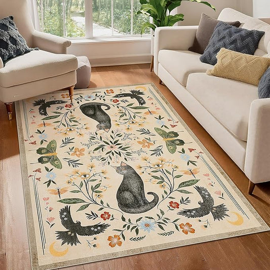 GarveeHome 3x5 Cat Washable Area Rug for Entryway, Mushroom Floral Beige Bedroom Rug Non Slip Low Pile Butterfly Carpet Stain Resistant Throw Rug for Kitchen Dorm Kids Room Office Dining Room