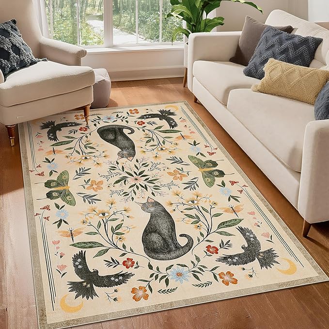 GarveeHome 4x6 Cat Washable Area Rug for Nursery Room, Mushroom Floral Beige Bedroom Rug Non Slip Low Pile Butterfly Carpet Stain Resistant Throw Rug for Dorm Kids Room Office Dining Room