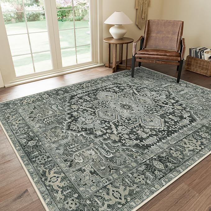 GENIMO Machine Washable 8x10 Area Rugs for Living Room, Non Slip Vintage Rugs, Low Pile Lightweight Chenille Print Rug for Bedroom, Dining Room, Home Office, Night Black