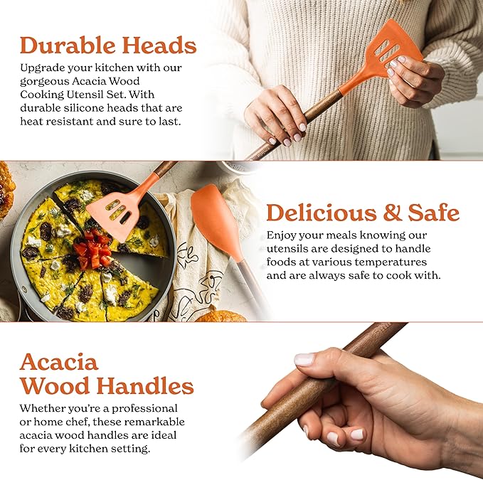 Silicone Kitchen Utensils Set & Holder: Cooking Utensils Set - Kitchen Essentials for New Home & 1st Apartment- Silicone Spatula Set, Cooking Spoons for Nonstick Cookware (Acacia Wood, Oange)