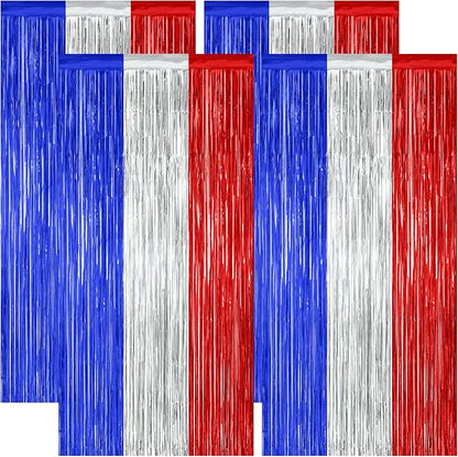 4 Pack 4th of July Decorations, 3.28 FT x 7.05 FT Independence Photo Backdrop, Metallic Blue Silver Red Backdrop Curtains Fringe Curtains Party Streamer, Patriotic Decor Fourth of July Party Supplies