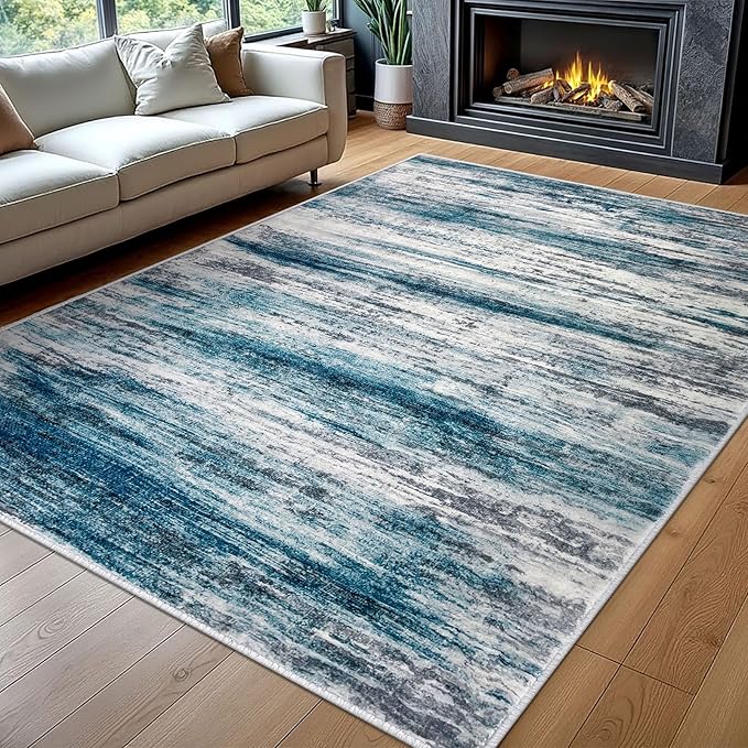 KOZYFLY Area Rug 8x10 Modern Living Room Rug, Washable Large Thin Rugs Non-Slip Soft Striped Rug for Bedroom, Print Blue Abstract Carpet for Laundry/Kid Room