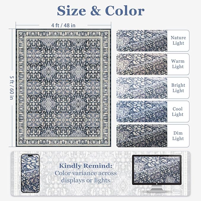 Dark Blue 4x5 Area Rugs for Living Bedroom, Kitchen Entryway Throw Rugs Non Skid Washable, Farmhouse Low Pile Thin Carpet Rug for Foyer/Nursery/Home Office/Dorm, Transitional Floral Trellis