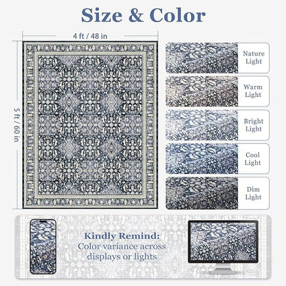 Dark Blue 4x5 Area Rugs for Living Bedroom, Kitchen Entryway Throw Rugs Non Skid Washable, Farmhouse Low Pile Thin Carpet Rug for Foyer/Nursery/Home Office/Dorm, Transitional Floral Trellis