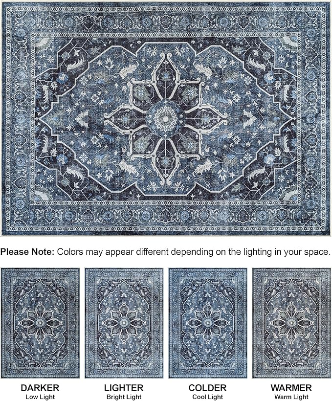 Bloom Rugs Caria Washable Non-Slip 10 ft Runner - Blue/Charcoal Traditional Runner for Entryway, Hallway, Bathroom, and Kitchen - Exact Size: 2'6" x 10'
