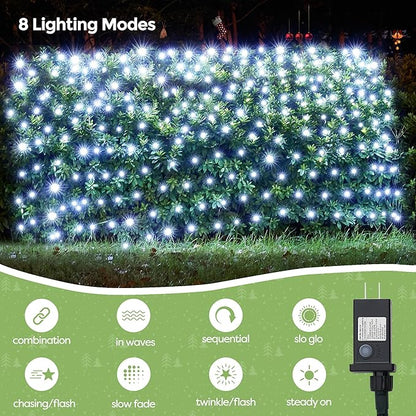 WBao Christmas Net Lights, 200LED 8.4ft x 5.2ft Christmas Lights with 8 Modes, Timer, End to End Connectable, Waterproof Design for Lawn, Bushes, Trees Outdoor Xmas Decorations, Cool White