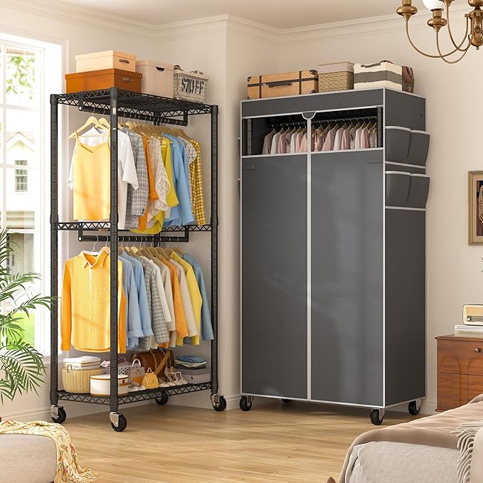 Raybee Rolling Clothes Rack with Cover Clothing Racks for Hanging Clothes Heavy Duty Portable Closet with Wheels Garment Rack 35.5" W*15.7" D*79 "H Black