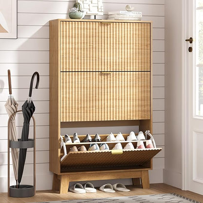 Shoe Cabinet Storage for Entryway with 3 Flip Drawers, Fluted Narrow Shoe Organizer with Wooden Legs, Freestanding Slim Shoe Storage Hidden Shoe Rack Organizer for Front Door Entrance, Oak