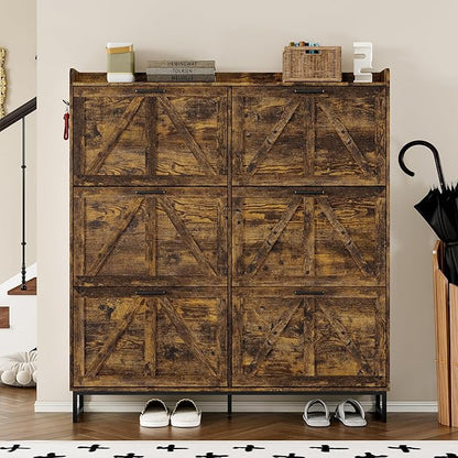 Shoe Cabinet with 6 Flip Drawers Narrow Shoe Storage Cabinet Organizer Wooden Freestanding Shoe Rack Hidden Slim Shoes Storage Cabinet for Entryway, Hallway, Living Room, Bedroom