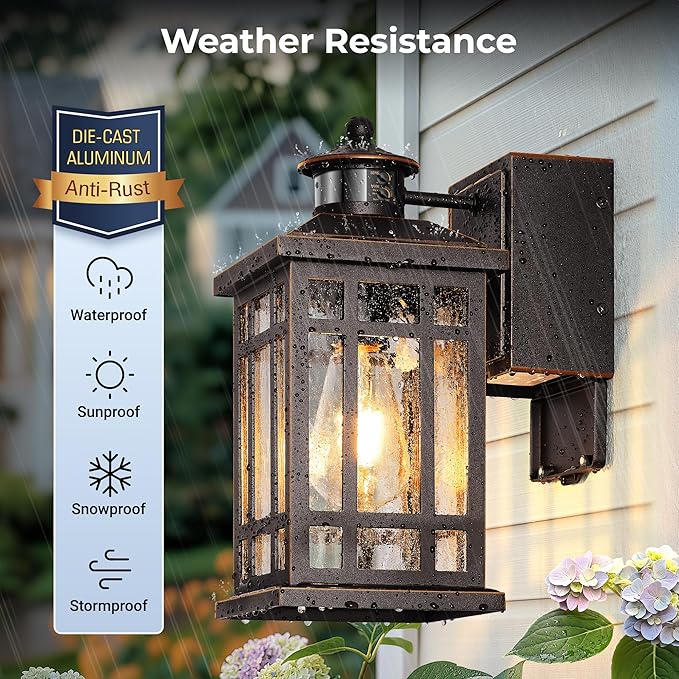 Oil-Rubbed Bronze Outdoor Motion Sensor Light with GFCI Outlet, 2-Pack Porch Lights Outdoor with Gold Trim, Dusk to Dawn lighting Wall Mount with Bubble Glass, Outside Sconces for Garage, Patio