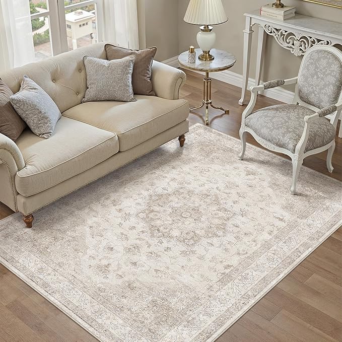 Beige Area Rug 4x6 Washable Vintage Carpet for Office Living Room Soft Retro Low Pile Thin Indoor Rug Non Slip Oriental Medallion Floor Cover for Bedroom Kitchen Dining Room