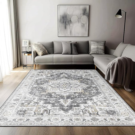 GENIMO 5x7 Area Rugs for Living Room, Machine Washable Rug, Non Slip Indoor Vintage Rug, Low Pile Lightweight Chenille Print Carpet for Bedroom Dining Room Home Office, Gray