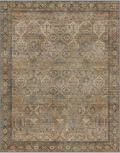 GENIMO 9x12 Area Rugs for Living Room, Machine Washable Non Slip Vintage Rugs, Low Pile Lightweight Chenille Print Rug for Bedroom, Dining Room, Home Office, Warm Taupe