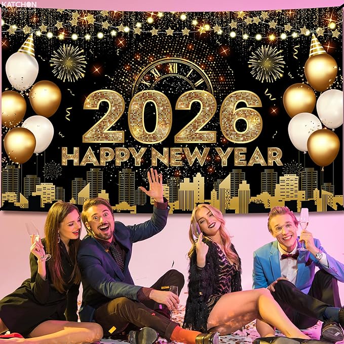 Katchon, Xtralarge Happy New Year Banner - 72x44 Inch | Gold Happy New Year 2026 Banner for New Years Decorations 2026 | NYE Backdrop for New Years Eve Party Supplies 2026 | NYE Decorations 2026