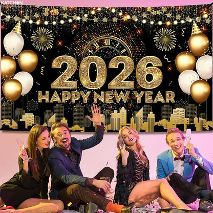 Katchon, Xtralarge Happy New Year Banner - 72x44 Inch | Gold Happy New Year 2026 Banner for New Years Decorations 2026 | NYE Backdrop for New Years Eve Party Supplies 2026 | NYE Decorations 2026
