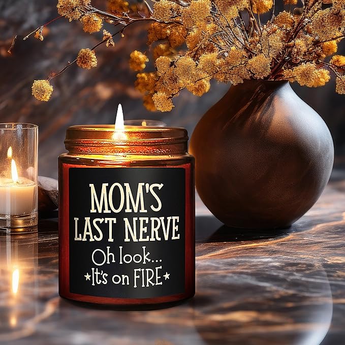 Mom's Last Nerve Candles - Fun Birthday, Mothers Day Gifts from Daughter, Son - Best Funny Stress Relief, Relaxing Gifts for Women, Wife, New Mom - Jasmine Scented Soy Wax Jar Candle for Home