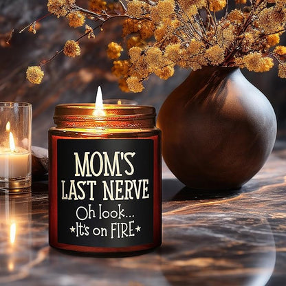 Mom's Last Nerve Candles - Fun Birthday, Mothers Day Gifts from Daughter, Son - Best Funny Stress Relief, Relaxing Gifts for Women, Wife, New Mom - Jasmine Scented Soy Wax Jar Candle for Home