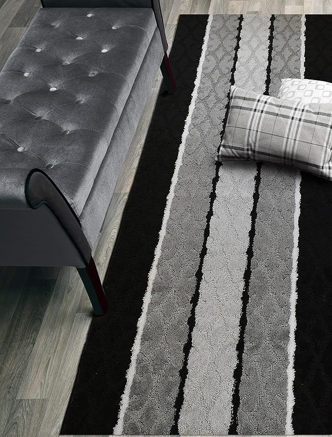 Custom Size Damask Hallway Runner Rug Slip Resistant, 26 Inch Wide x Your Choice of Length Size, Black, 26 Inch X 12 Feet, Sold and Priced Per Foot