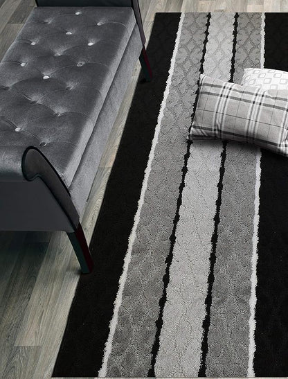 Custom Size Damask Hallway Runner Rug Slip Resistant, 26 Inch Wide x Your Choice of Length Size, Black, 26 Inch X 18 Feet, Sold and Priced Per Foot
