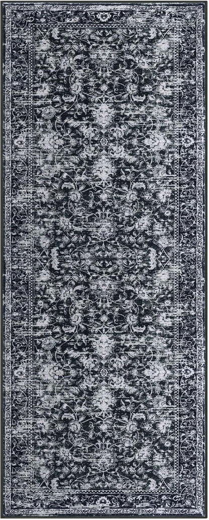KILOCOCO Washable Runner 2x5 Rug Runner Printed Vintage Floral Kitchen Runners Non-Slip Rubber Backed Runners for Hallways Distressed Thin Soft Rugs for Entryway Laundry Room, Black/Navy/White