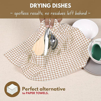 Native Fab Beige Gingham Kitchen Dish Towels 4 Pack 16"x26" - 100% Cotton Absorbent Plaid Tea Towels, Dish Cloths for Quick Drying, Reusable Dishcloth Set, Beige White