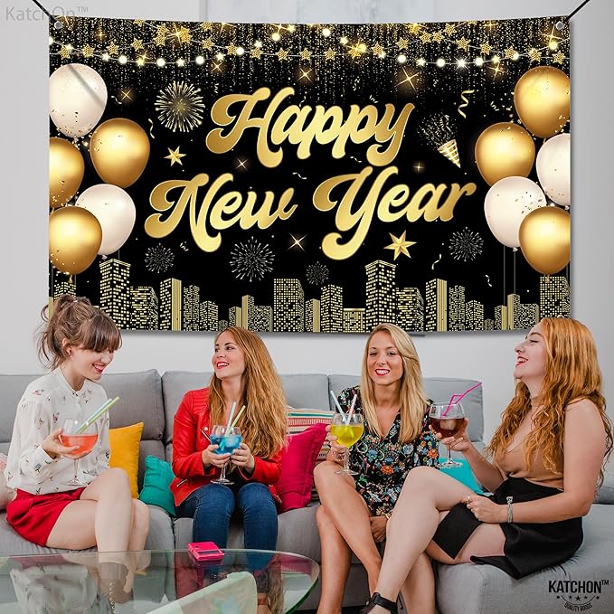 KatchOn, XtraLarge Happy New Year Banner - 72x44 Inch | Happy New Years Decorations 2026 | Happy New Year Backdrop, New Years Eve Party Supplies 2026 | New Years Eve Backdrop for NYE Decorations 2026