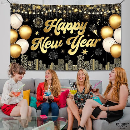 KatchOn, XtraLarge Happy New Year Banner - 72x44 Inch | Happy New Years Decorations 2026 | Happy New Year Backdrop, New Years Eve Party Supplies 2026 | New Years Eve Backdrop for NYE Decorations 2026