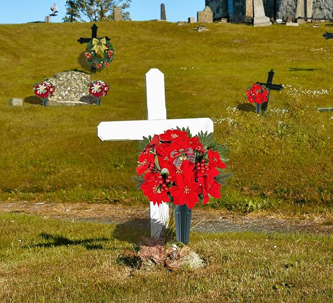 Christmas Cemetery Flowers for Grave Decoration， Christmas Red Poinsettias Berry Bouquet with Cemetery Ground Vase,2 Butterflies Including