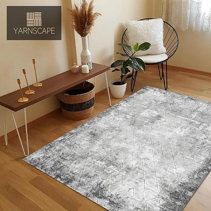 4' x 6' Washable Area Rug - Low Pile Soft Vintage Indoor Rug for Living, Dining or Bedroom - Lightweight Carpet with Non-Slip Backing - Foldable for Easy Placement, Grey