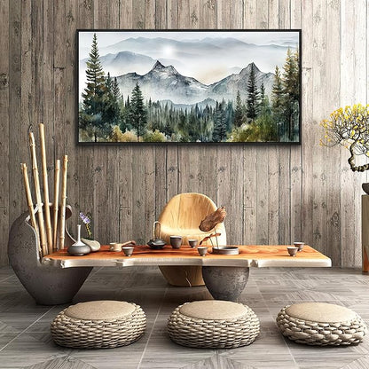 Wapluam Abstract Mountain Landscape Canvas Wall Art - Black Framed for Living Room, Bedroom - Large Modern Home Decor - Office Decoration Pictures Ready to Hang - 24x48 Artwork