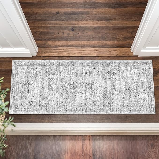 2x5 Rug Runner Washable for Entryway, Soft Bathroom Rugs with Non-Slip Backing, Abstract Low Pile Hallway Runner, Vintage Small Kitchen Carpet for Stair, Laundry Room(2'x5', Grey/Ivory)