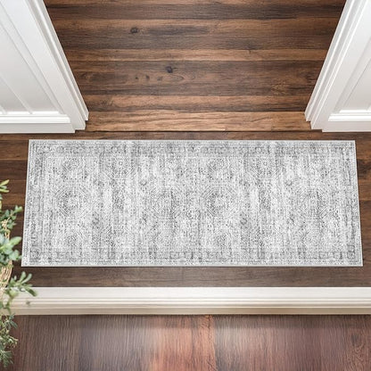 2x5 Rug Runner Washable for Entryway, Soft Bathroom Rugs with Non-Slip Backing, Abstract Low Pile Hallway Runner, Vintage Small Kitchen Carpet for Stair, Laundry Room(2'x5', Grey/Ivory)